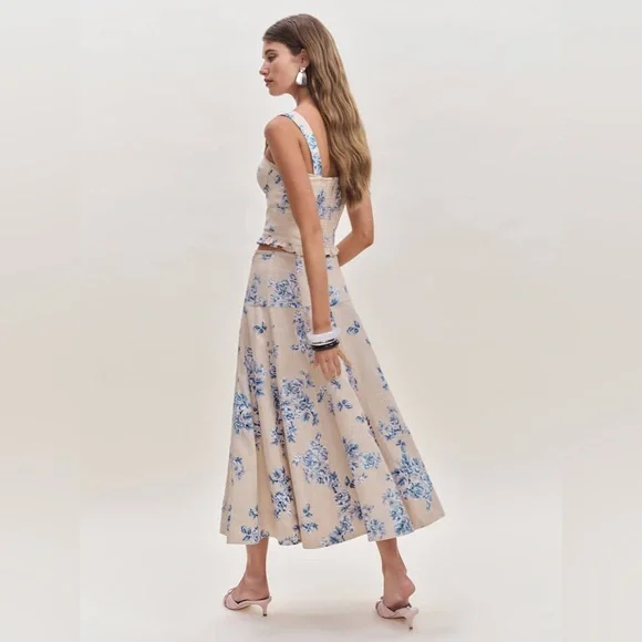 Reformation Beige Floral Midi Dress with Blue Print - Picture 5 of 6